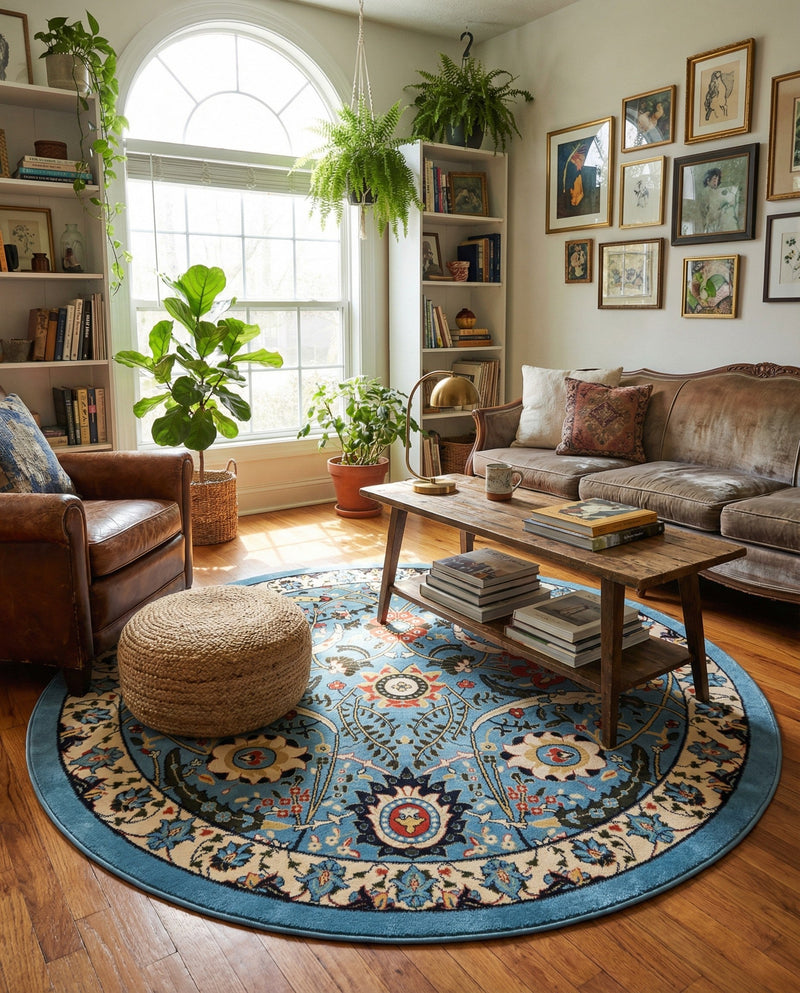 Tabriz Tapestry Collection Area Rug - Sahand (Blue) Round Blue  lifestyle 52