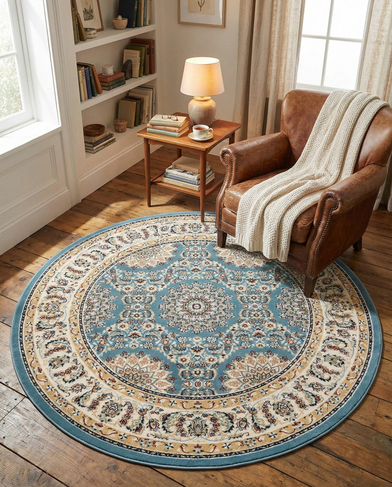 Persian Elegance Collection Area Rug -  Mashhad Round Blue  lifestyle 69