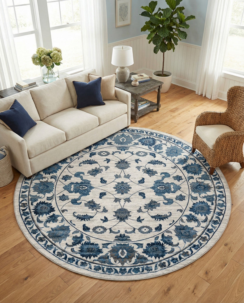Charleston Elegance Collection Area Rug -  Seaport (White Blue) Round White Blue  lifestyle 79