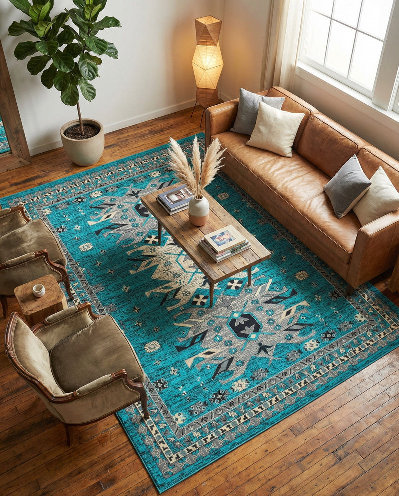 Tabriz Tapestries Collection Area Rug - Azerbaijan (Turquoise) Rectangle Turquoise  lifestyle 4