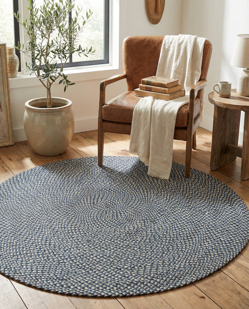 Highland Woven Jute Collection Area Rug - Glenmore (Navy Blue) Round Navy Blue  lifestyle 66