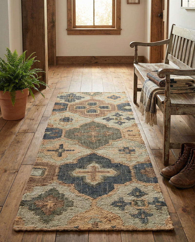 Benares Handwoven Jute Collection Area Rug - Ganges Runner Blue and Green  lifestyle 60