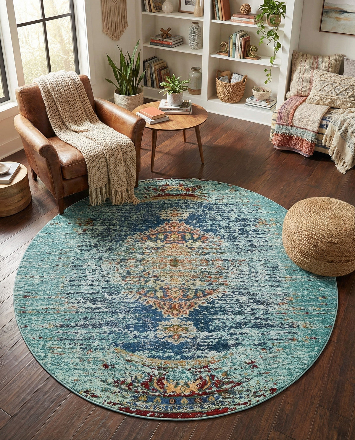 Venetian Tapestry Collection Area Rug -  Giudecca Round Turquoise  lifestyle 98