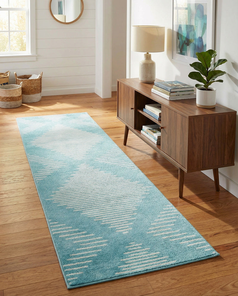 Seychelles Stripes Collection Area Rug - Mahe (Light Blue) Runner Light Blue  lifestyle 26