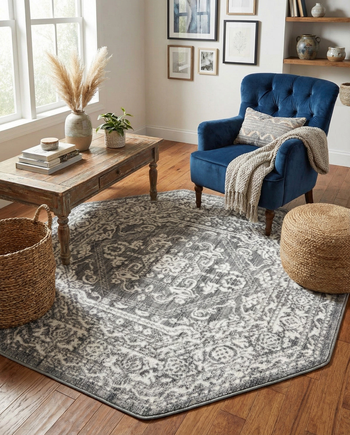 Charleston Elegance Collection Area Rug - Harborview Octagon Gray  lifestyle 180