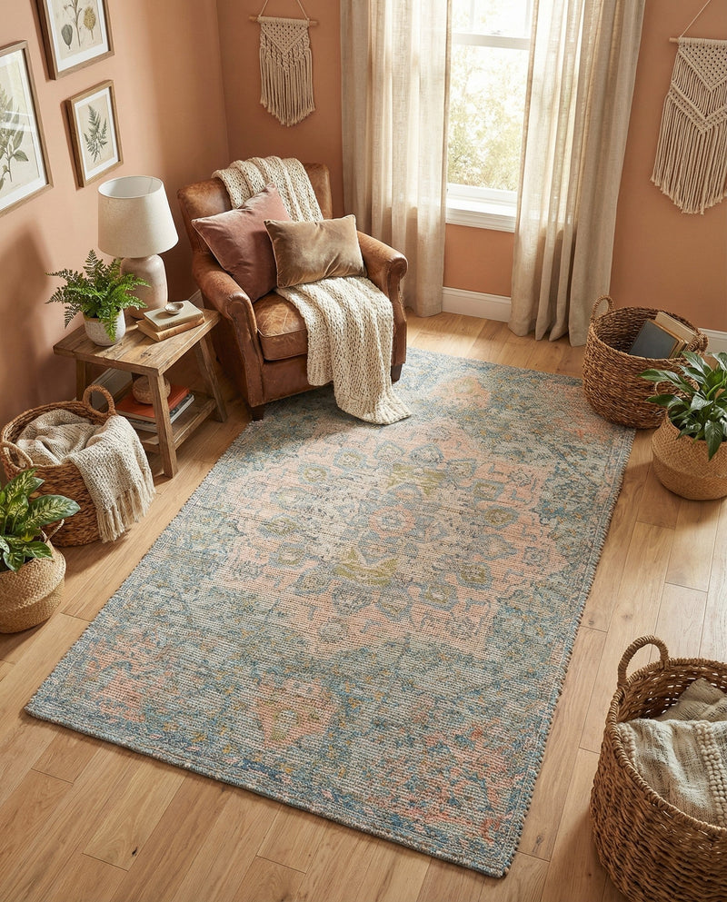 Savannah Threads Collection Area Rug -  Gobi Rectangle Blue and Peach  lifestyle 13