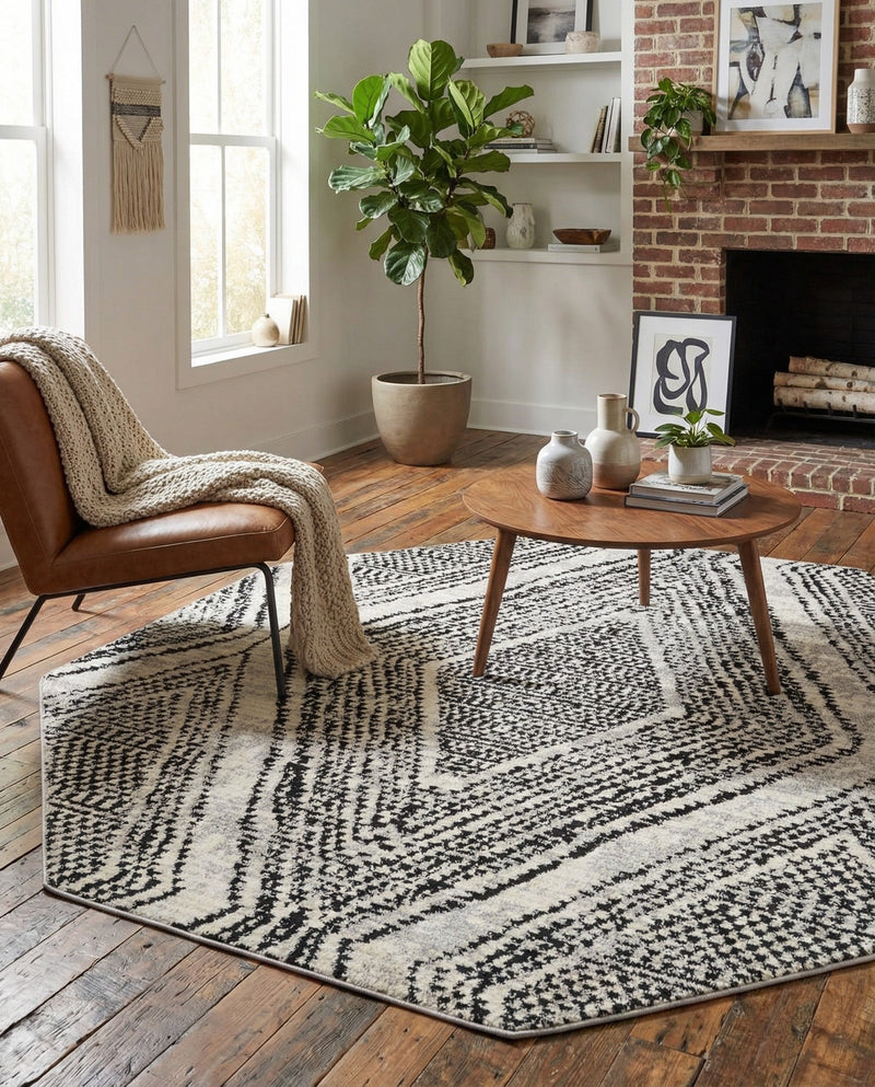 Marrakech Mosaic Collection Area Rug -  Medina Octagon Black and White  lifestyle 53