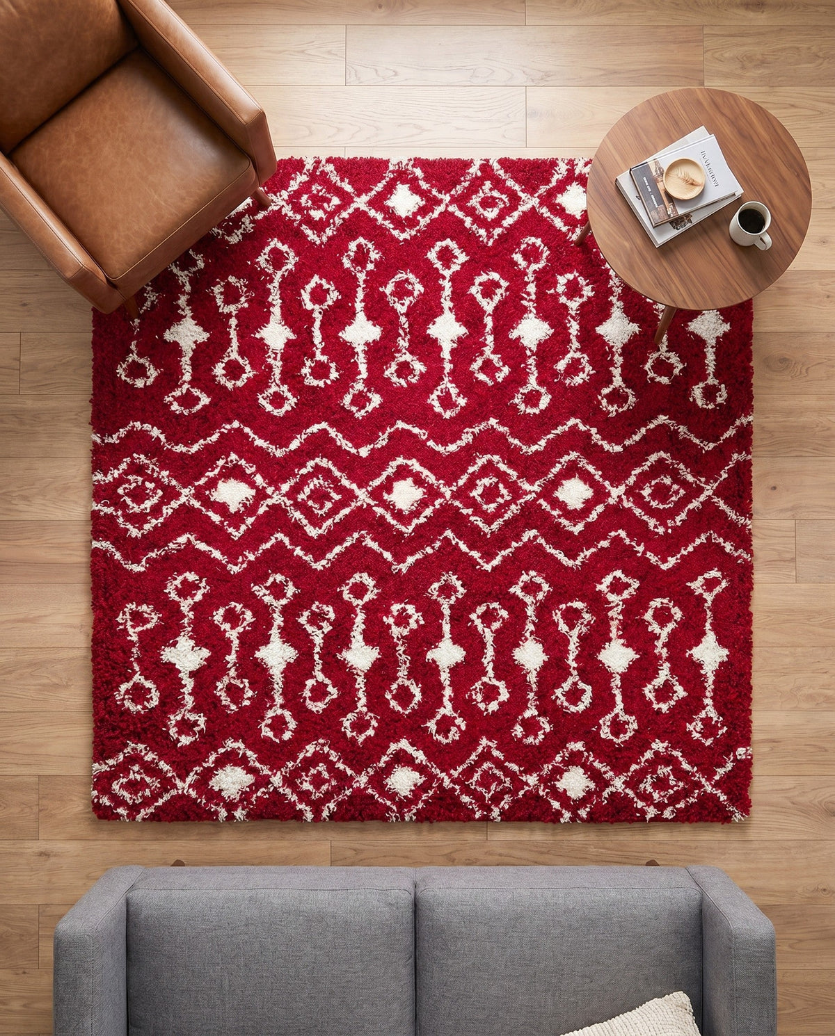 Berber Lattice Shag Collection Area Rug - Atlas (Burgundy Red) Square Burgundy Red  lifestyle 59