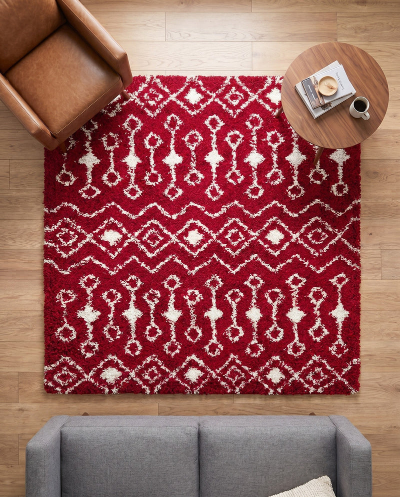 Berber Lattice Shag Collection Area Rug - Atlas (Burgundy Red) Square Burgundy Red  lifestyle 59