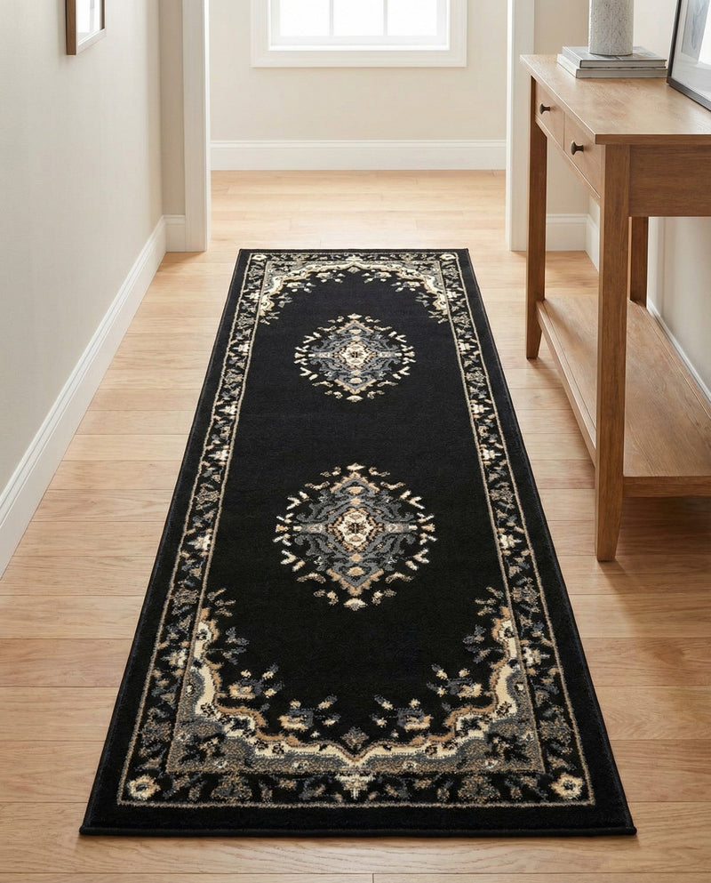 Tabriz Tapestry Collection Area Rug - Azerbaijan (Black) Runner Black  lifestyle 82
