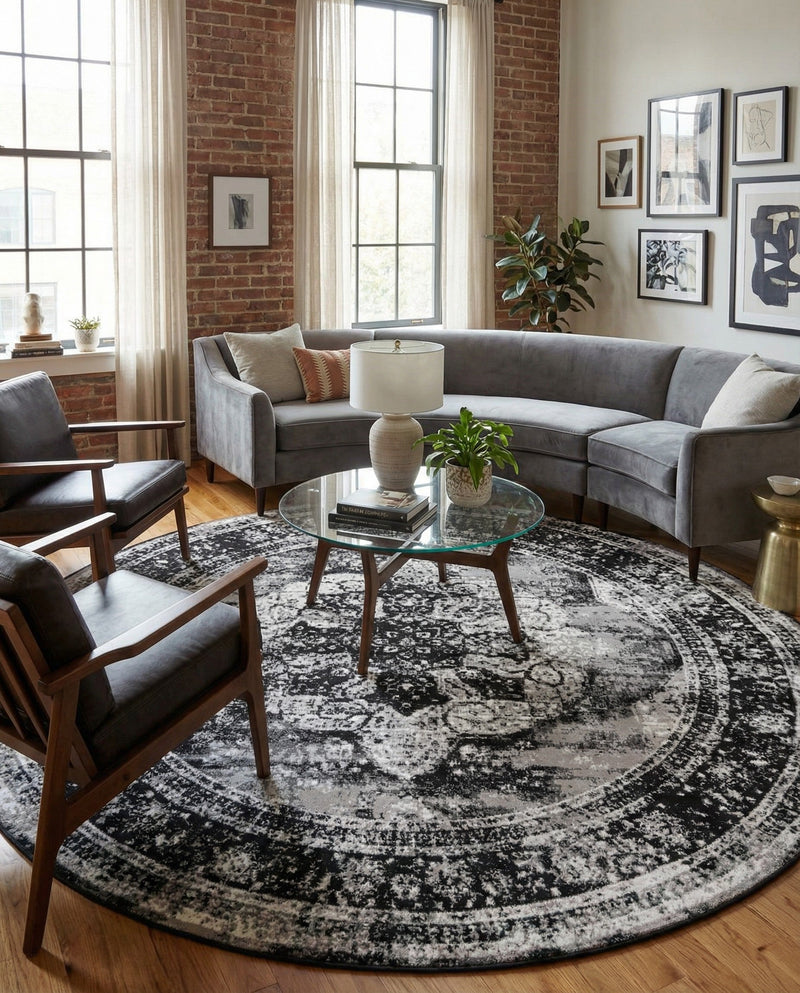 Riviera Elegance Collection Area Rug -  Menton (Black) Round Black  lifestyle 183