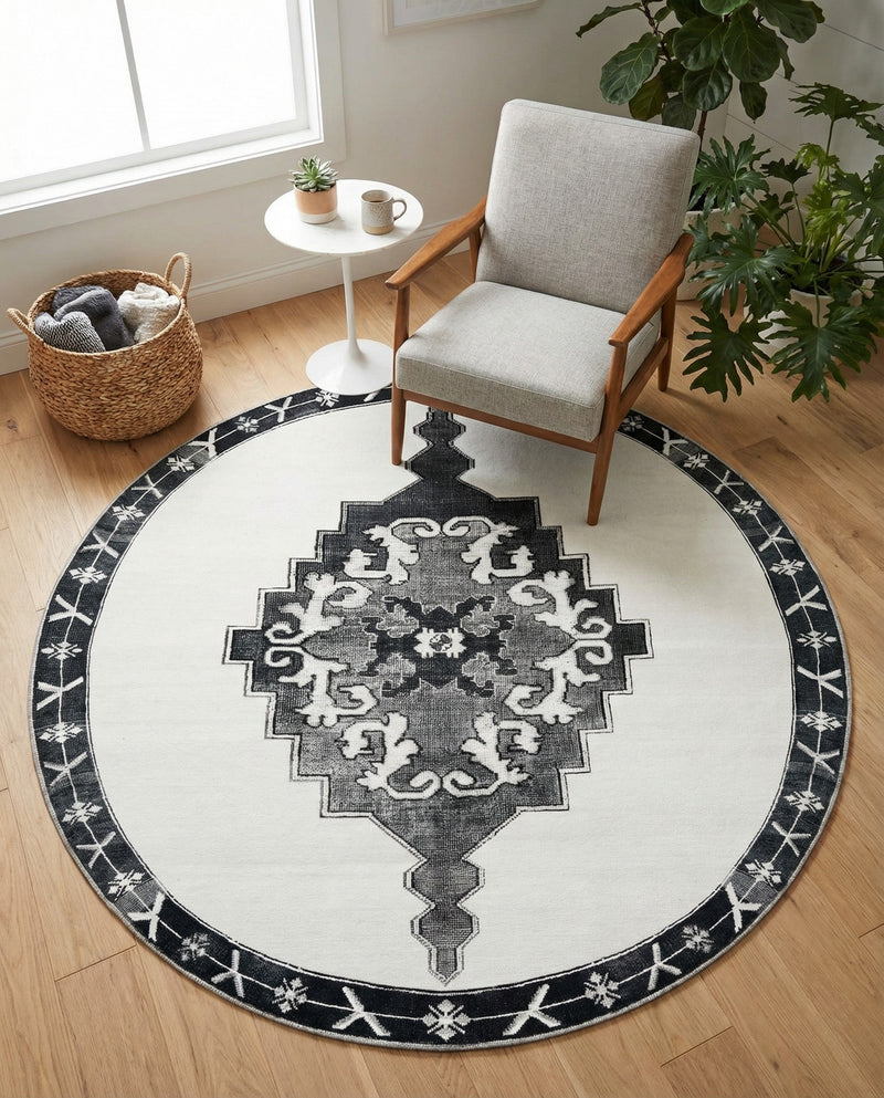 Heritage Elegance Collection Area Rug -  Winterthur (Black and White) Round Black and White  lifestyle 48