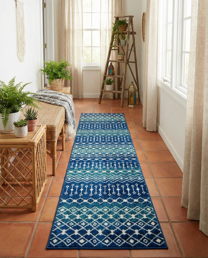 Mediterranean Lattice Collection Area Rug - Santorini (Navy and Teal) Runner Navy and Teal  lifestyle 58