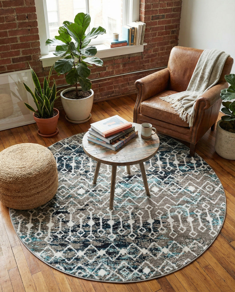 Mediterranean Lattice Collection Area Rug - Santorini (Multi Gray Blue) Round Multi Gray Blue  lifestyle 54