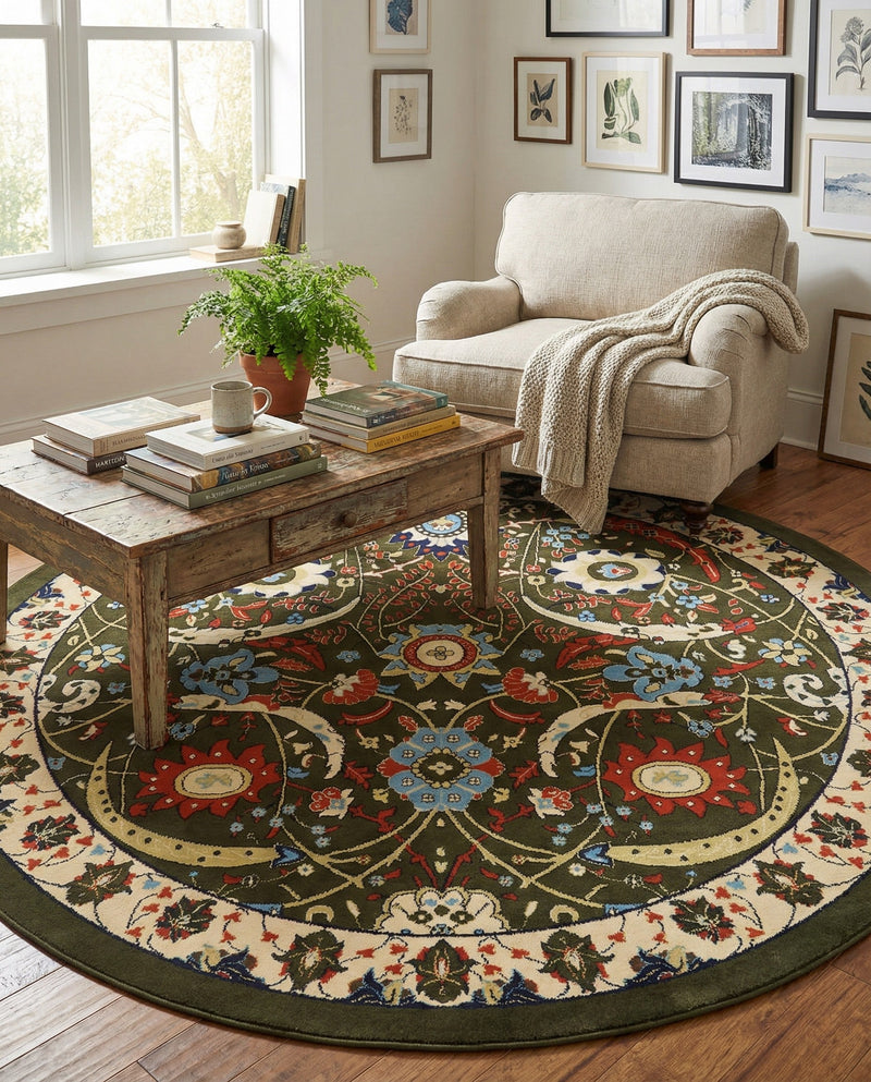 Tabriz Tapestry Collection Area Rug - Sahand (Green) Round Green  lifestyle 59