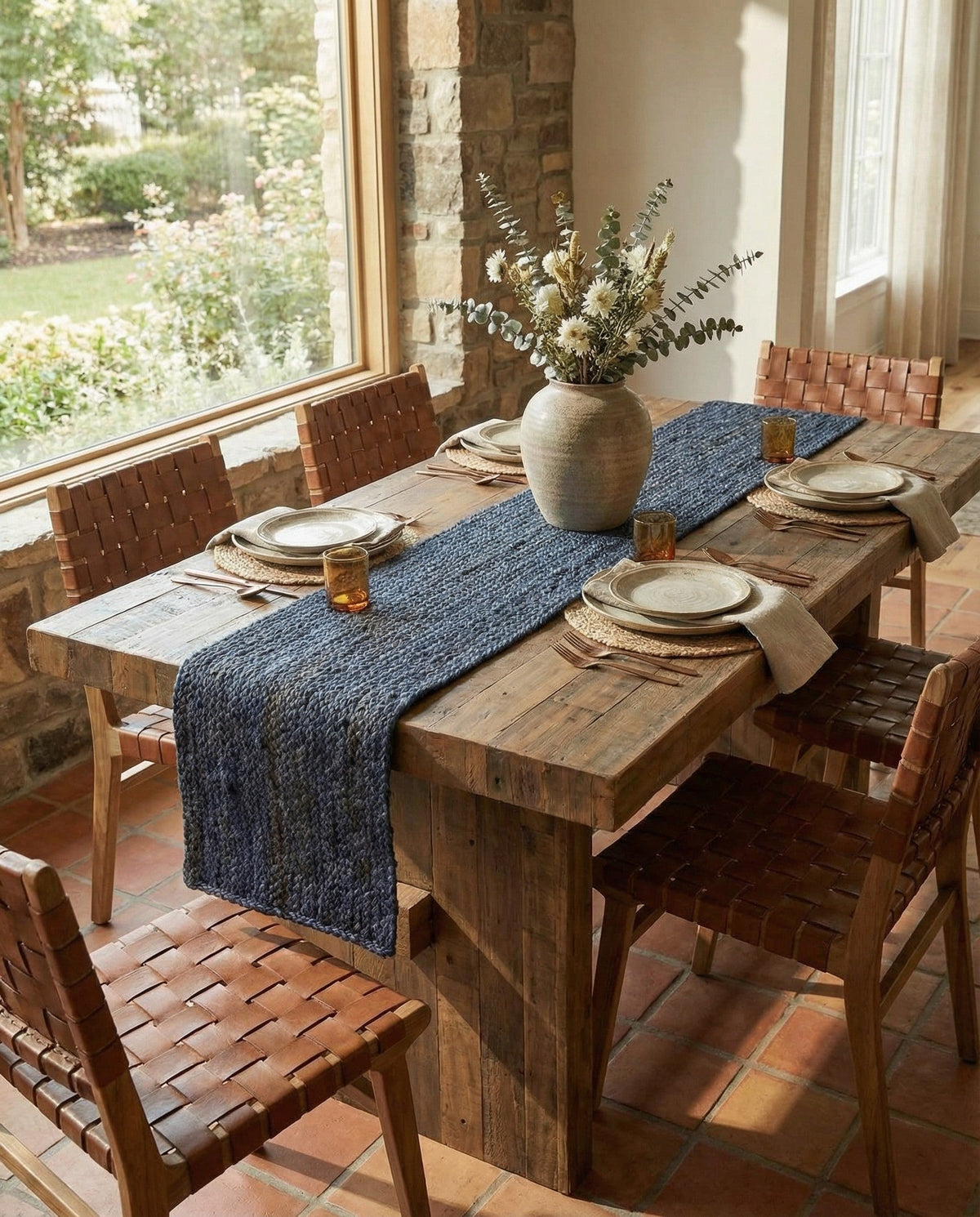 Woven Seaside Jute Collection Area Rug - Savannah (Navy Blue) Table Runner Navy Blue  lifestyle 101