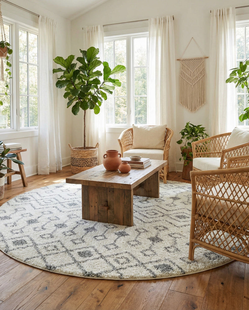 Berber Lattice Shag Collection Area Rug - Atlas (Ivory) Round Ivory  lifestyle 43