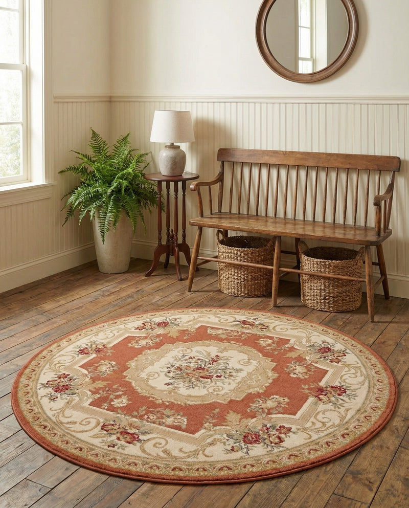 Versailles Elegance Collection Area Rug -  Louveciennes (Brick Red) Round Brick Red  lifestyle 56