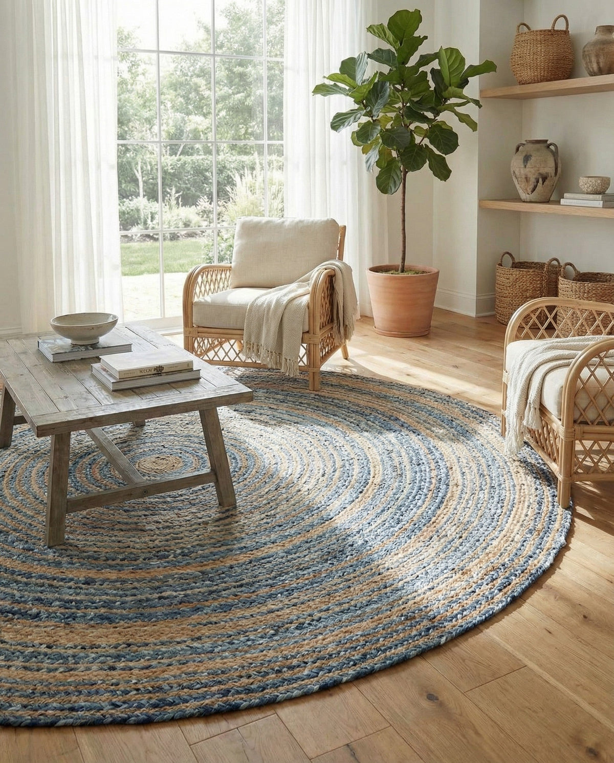 Woven Udaipur Collection Area Rug - Sahara Round Blue and Natural  lifestyle 105