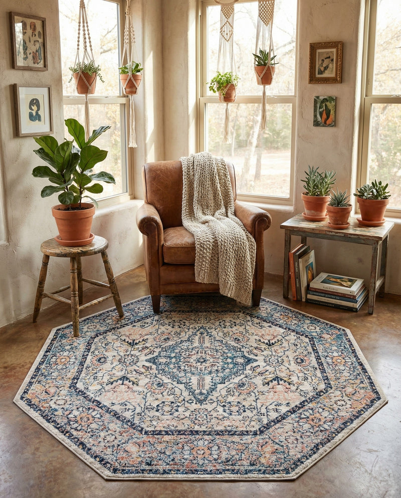 Seville Stripes Collection Area Rug - Cadiz (Blue) Octagon Blue  lifestyle 58