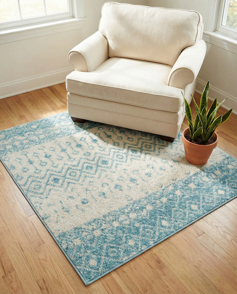 Mediterranean Lattice Collection Area Rug -  Casablanca (Ivory Blue) Square Ivory Blue  lifestyle 58