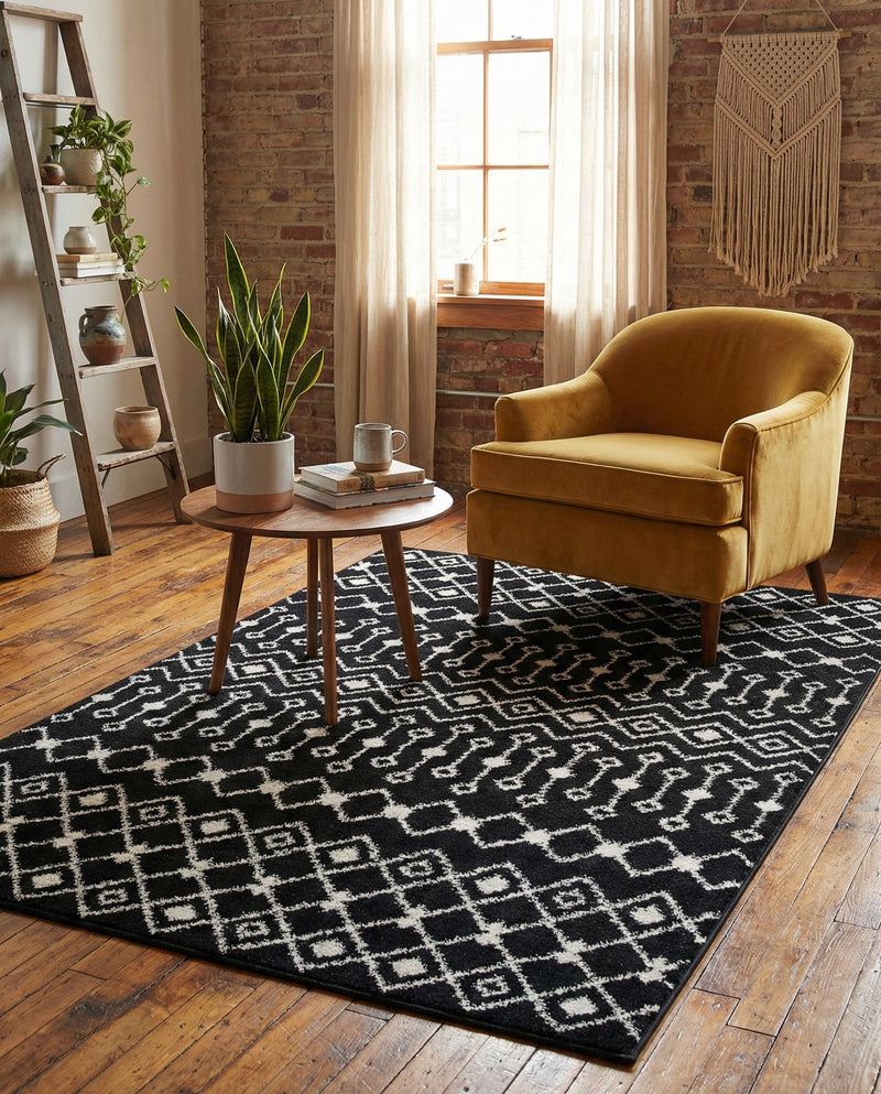 Mediterranean Lattice Collection Area Rug - Santorini (Black and White) Rectangle Black and White  lifestyle 10