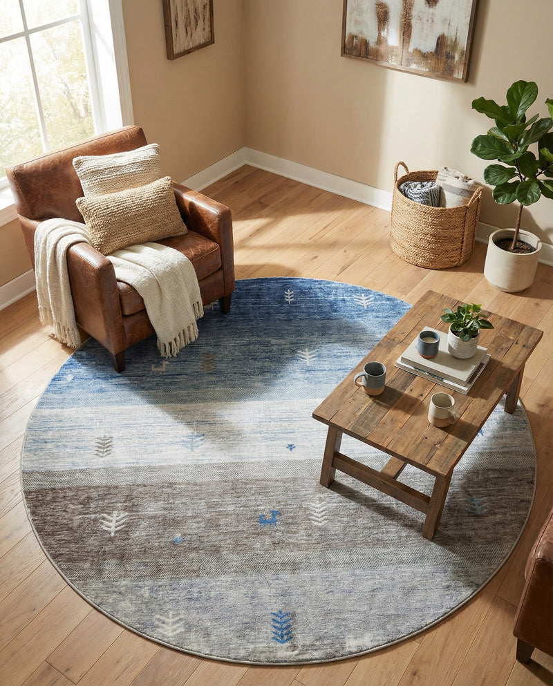 Zagros Shades Collection Area Rug -  Sisakht Round Blue Gray  lifestyle 60