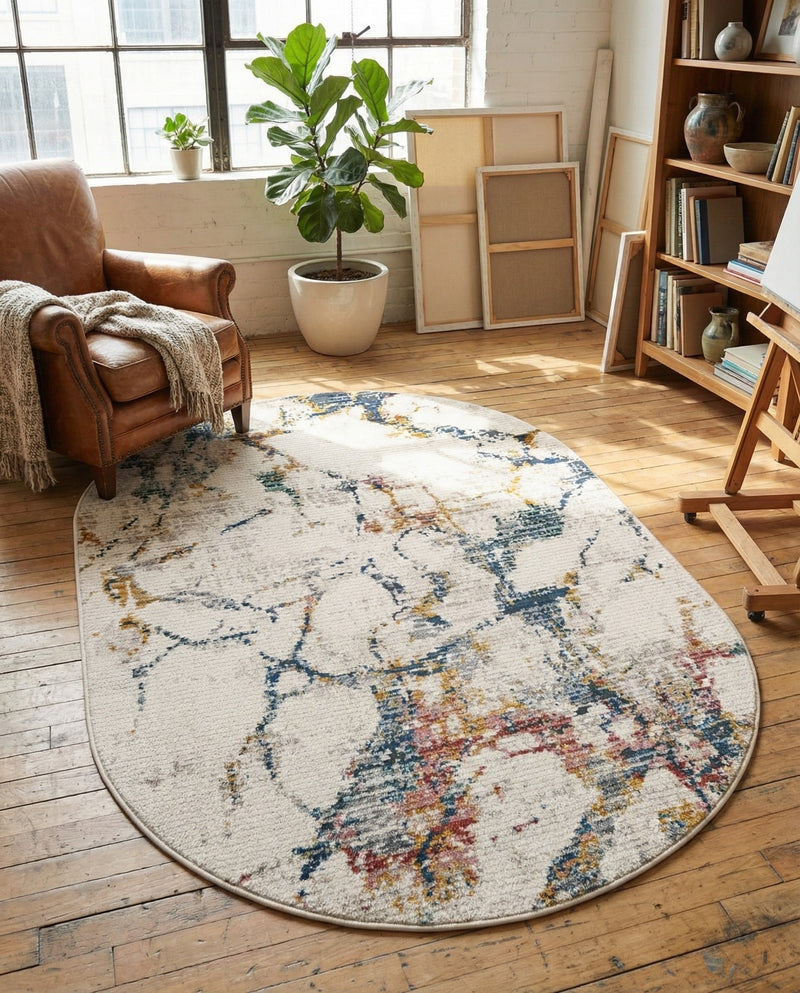 Jewel Oasis Collection Area Rug -  Opaline Oval White Navy  lifestyle 60