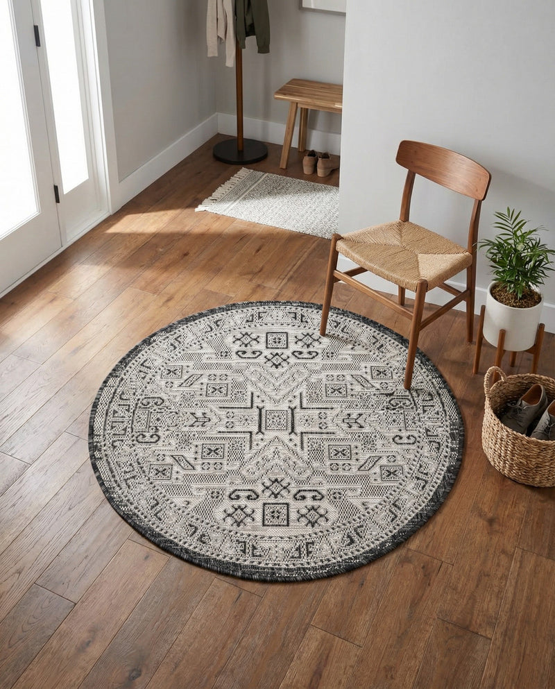 Tribal Terrace Treasures Collection Area Rug - Mayan Marina (Charcoal Gray) Round Charcoal Gray  lifestyle 55