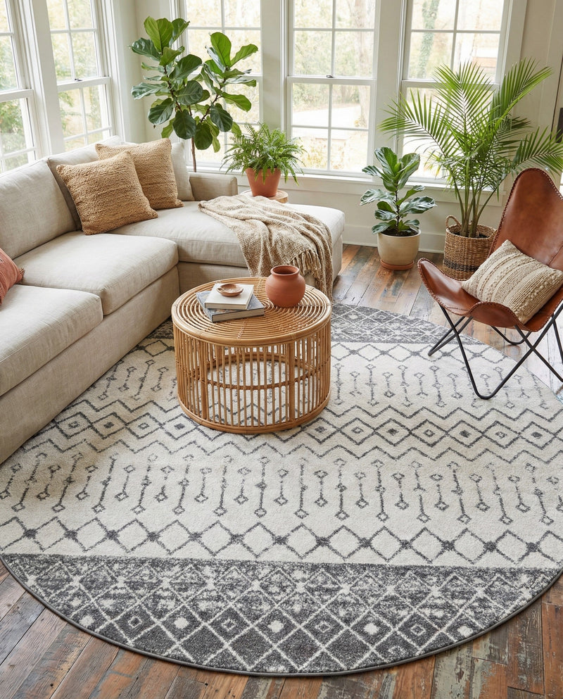 Mediterranean Lattice Collection Area Rug -  Casablanca (Ivory and Gray) Round Ivory and Gray  lifestyle 49