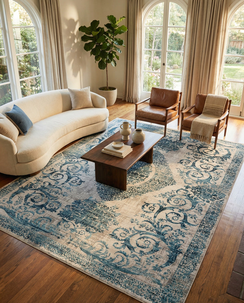 Bloomsbury Elegance Collection Area Rug - Mayfair Rectangle Ivory and Blue  lifestyle 79