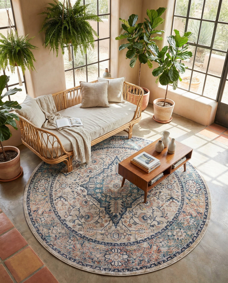 Seville Stripes Collection Area Rug - Cadiz (Blue) Round Blue  lifestyle 78