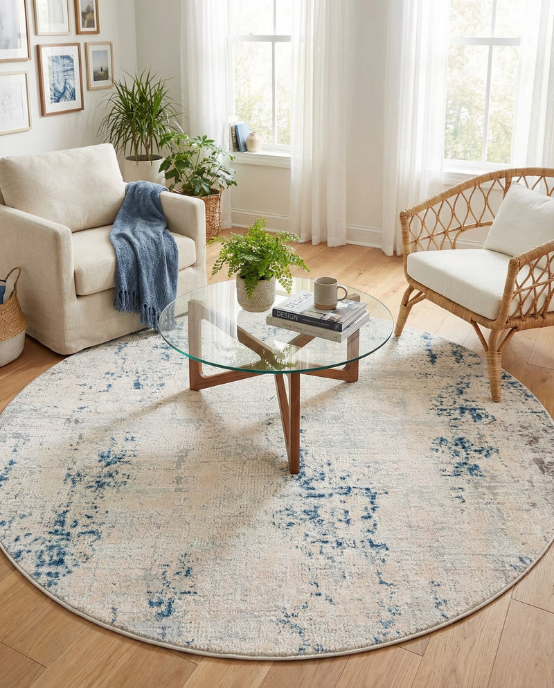 Aegean Elegance Collection Area Rug -  Milos Round Gray Blue  lifestyle 64