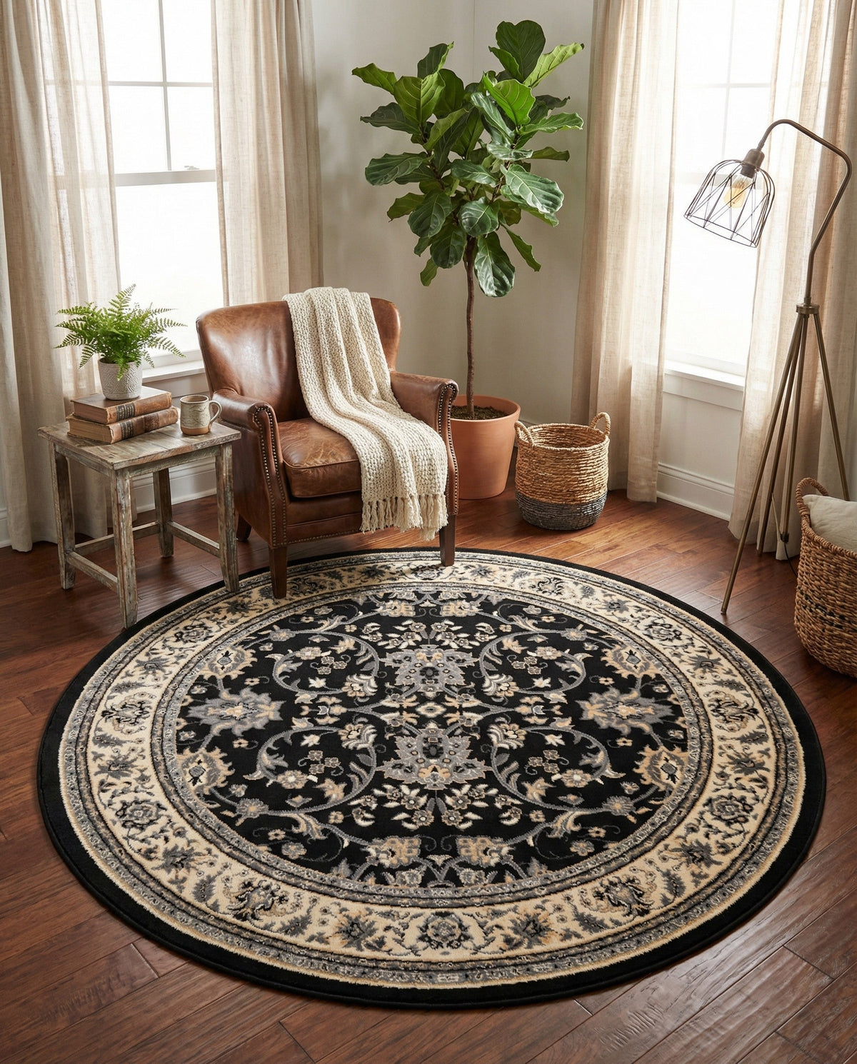 Isfahan Elegance Collection Area Rug - Naghsh-e Jahan (Black) Round Black  lifestyle 126