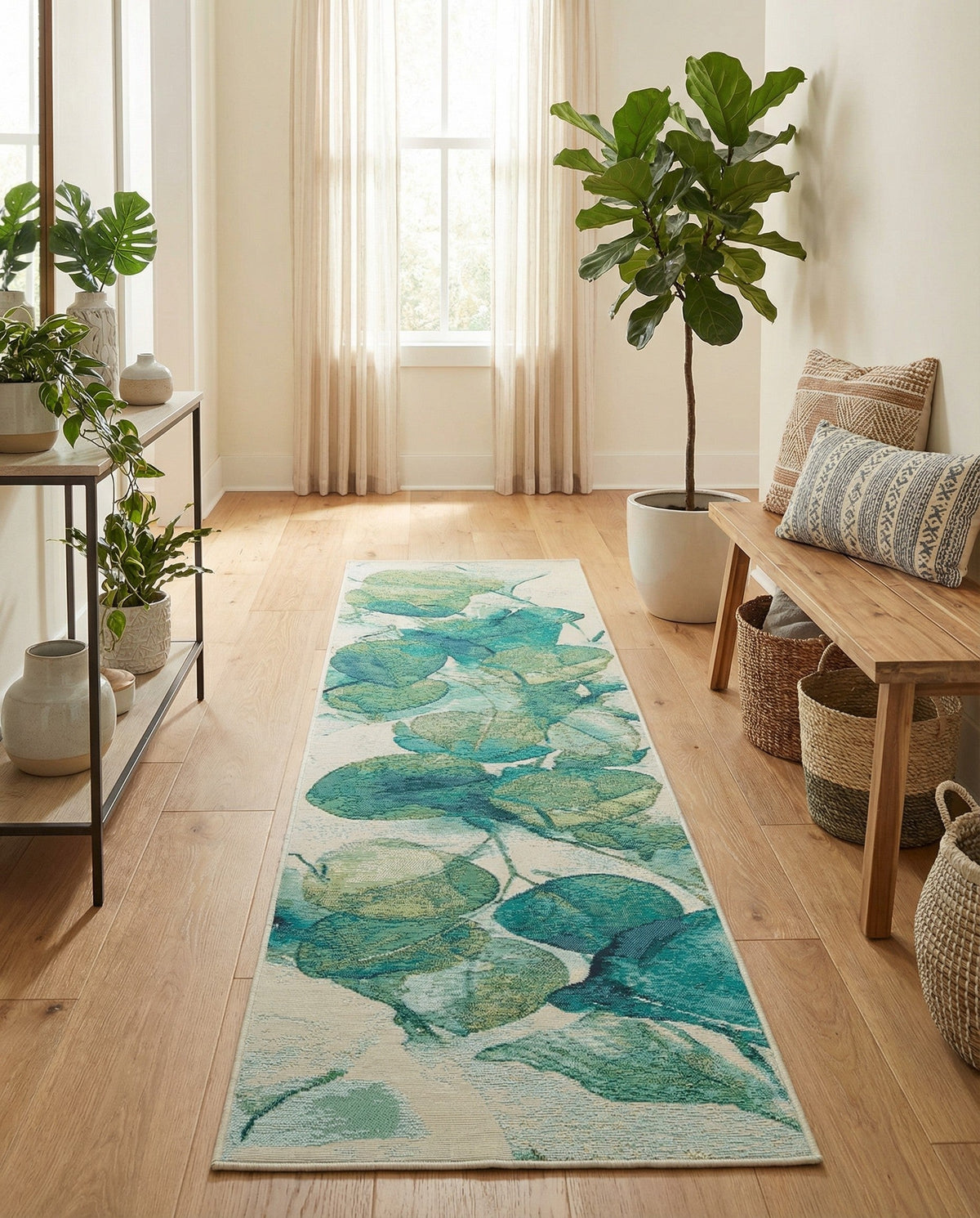Seaside Blooms Collection Area Rug -  Flora Runner Blue Green  lifestyle 109
