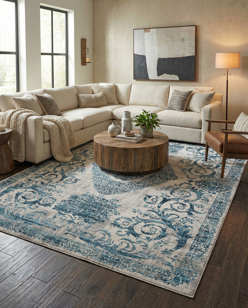 Bloomsbury Elegance Collection Area Rug - Mayfair Rectangle Ivory and Blue  lifestyle 80