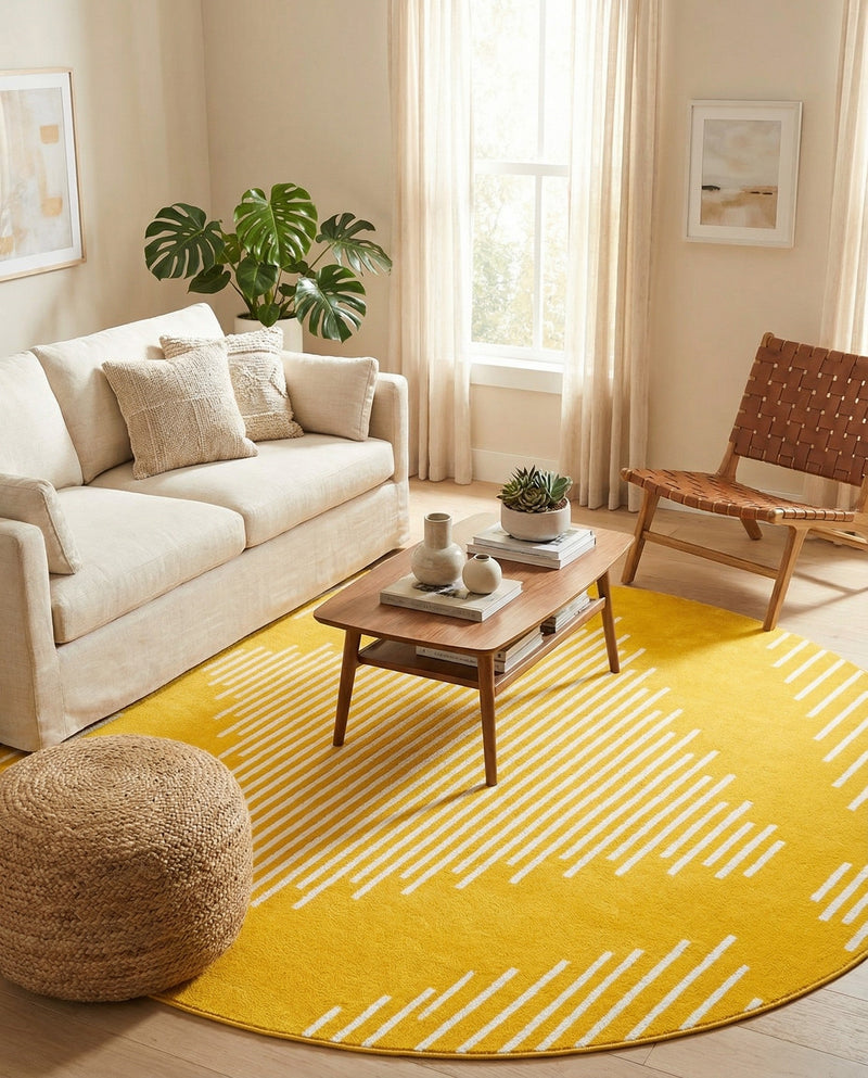 Seychelles Stripes Collection Area Rug - Mahe (Yellow) Round Yellow  lifestyle 15