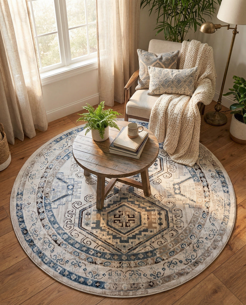 Savannah Elegance Collection Area Rug -  Tybee (Gray Blue) Round Gray Blue  lifestyle 78