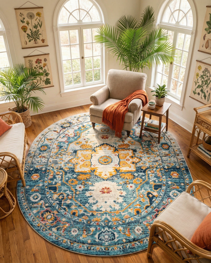 Parisian Elegance Collection Area Rug - Versailles (Teal) Oval Teal  lifestyle 80