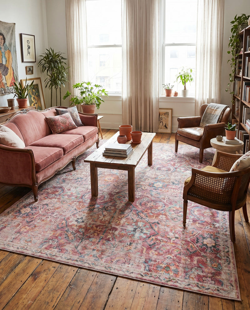 Vintage Memories Collection Area Rug -  Flashback Rectangle Ivory and Pink  lifestyle 3