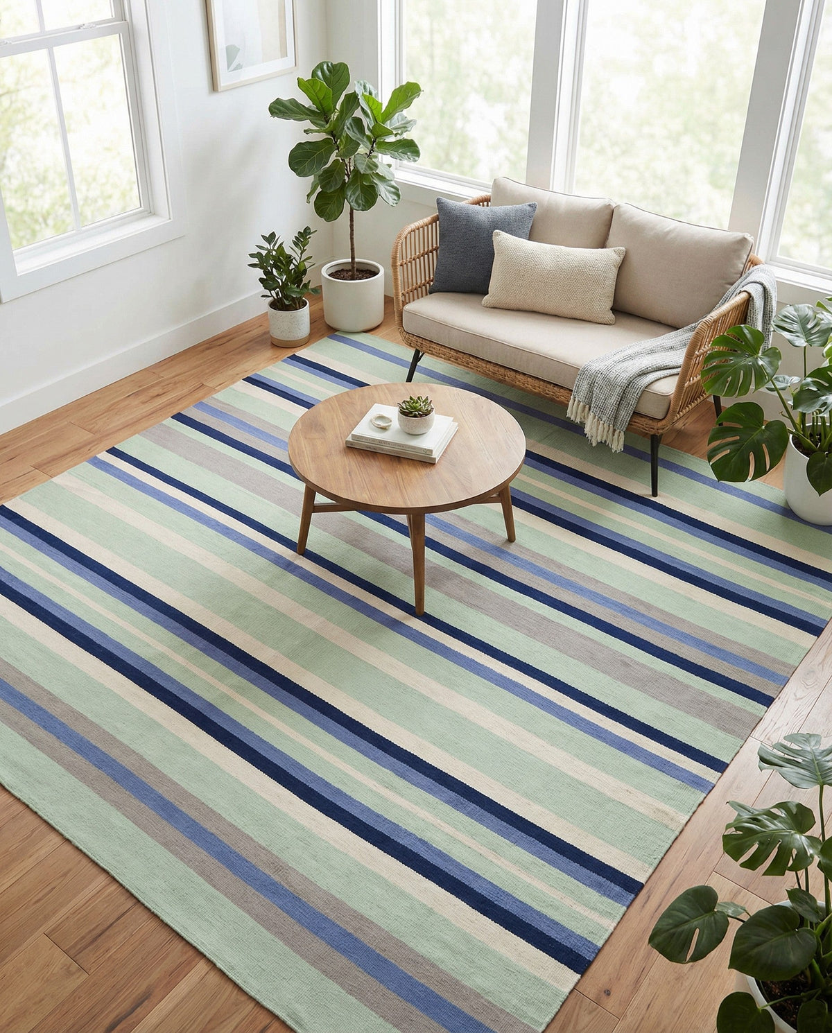 Coastal Stripe Dhurrie Collection Area Rug - Seashore Square Aqua Blue and Gray  lifestyle 114