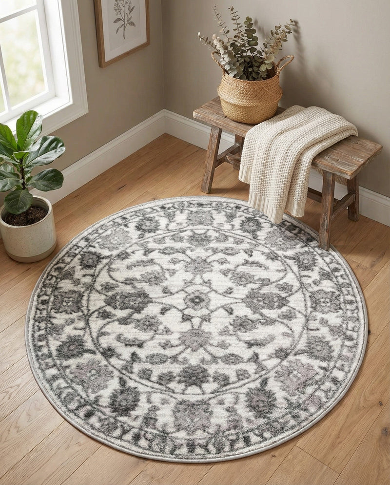 Charleston Elegance Collection Area Rug -  Seaport (white Gray) Round white Gray  lifestyle 53