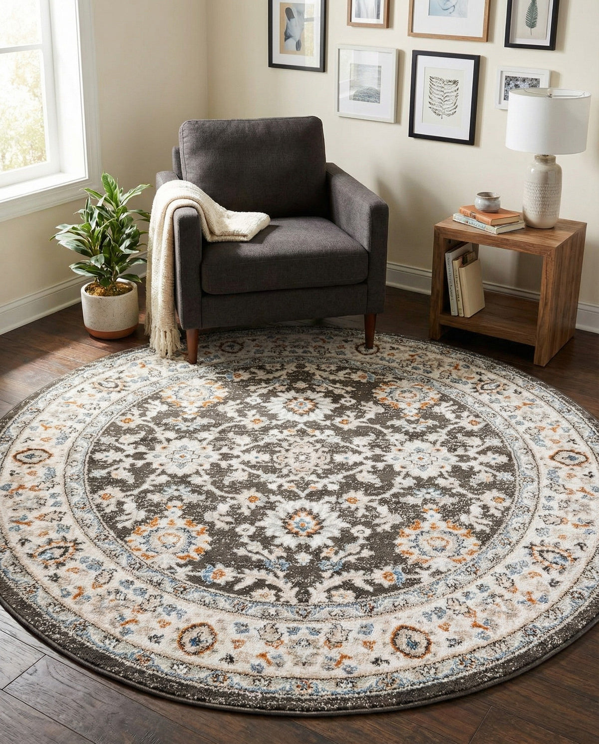 Savannah Elegance Collection Area Rug - Augusta (Fume Gray) Round Fume Gray  lifestyle 86