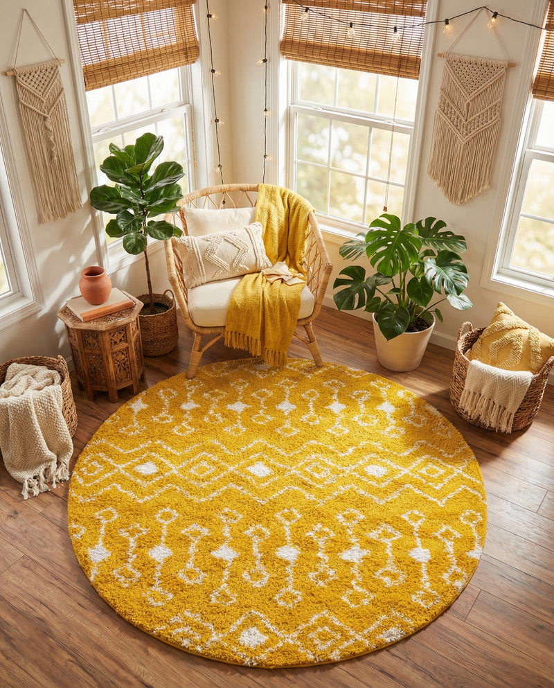 Berber Lattice Shag Collection Area Rug - Atlas (Yellow) Round Yellow  lifestyle 53