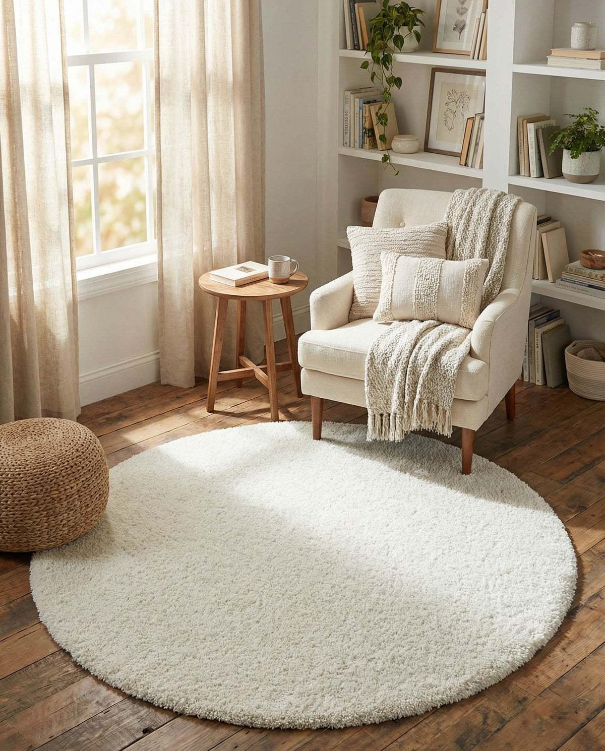 Cozy Comfort Shag Collection Area Rug - Haven (White) Round White  lifestyle 88