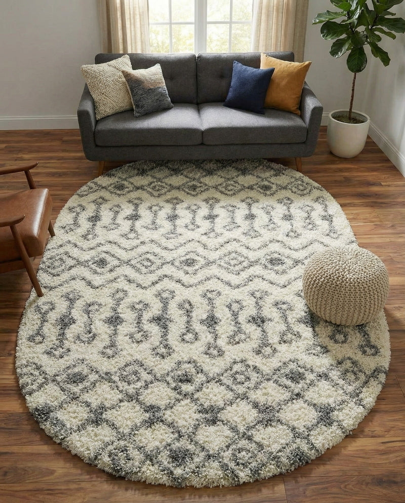 Berber Lattice Shag Collection Area Rug - Atlas (Ivory) Oval Ivory  lifestyle 53