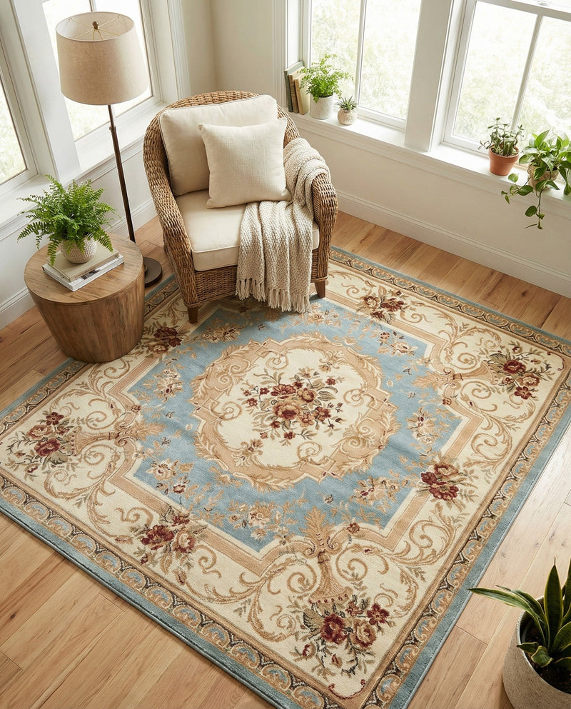 Versailles Elegance Collection Area Rug -  Louveciennes (Light Blue) Square Light Blue  lifestyle 37