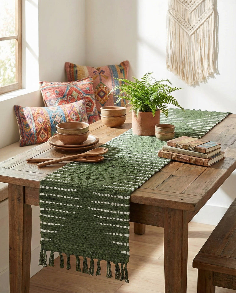Thar Cotton Collection Area Rug - Jaisalmer (Green) Table Runner Green  lifestyle 73