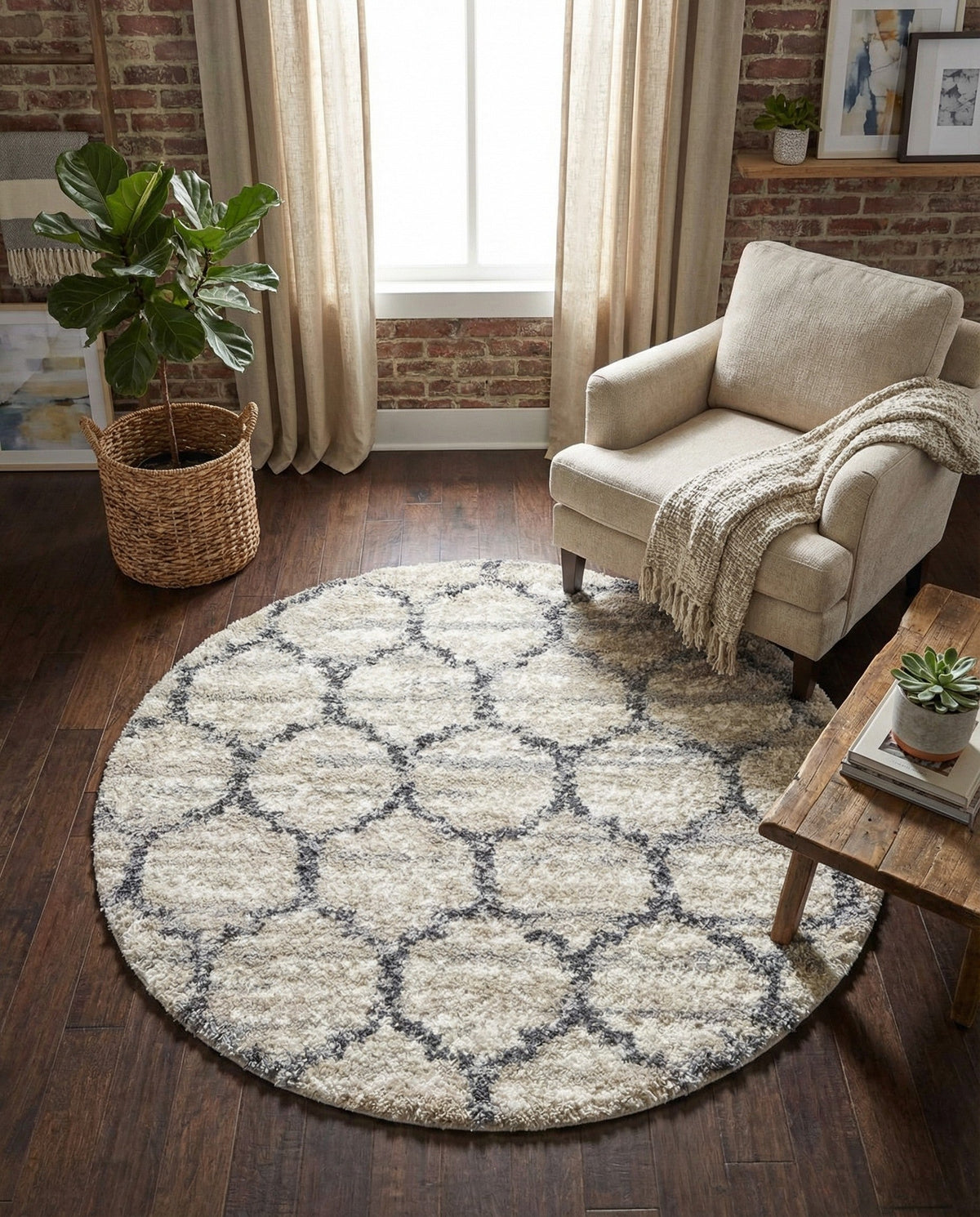 Cozy Cove Shag Collection Area Rug - Marina Round Beige  lifestyle 198