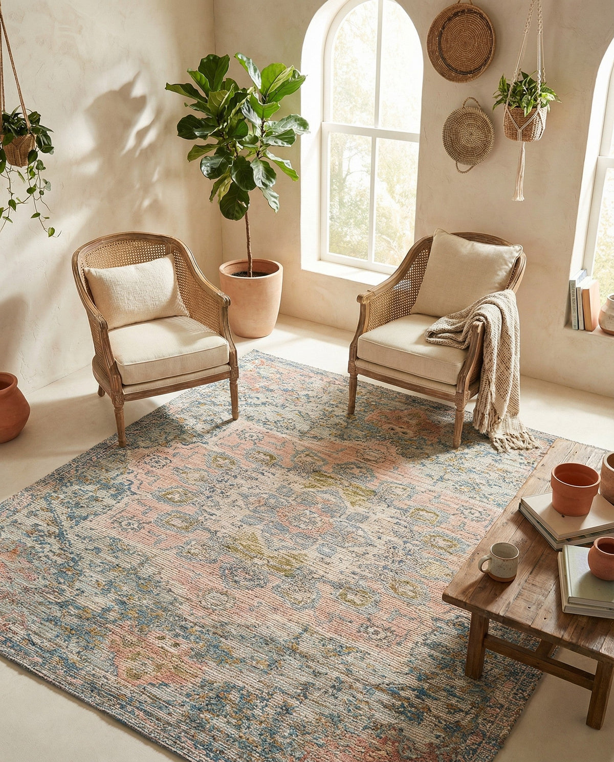 Savannah Threads Collection Area Rug -  Gobi Square Blue and Peach  lifestyle 93
